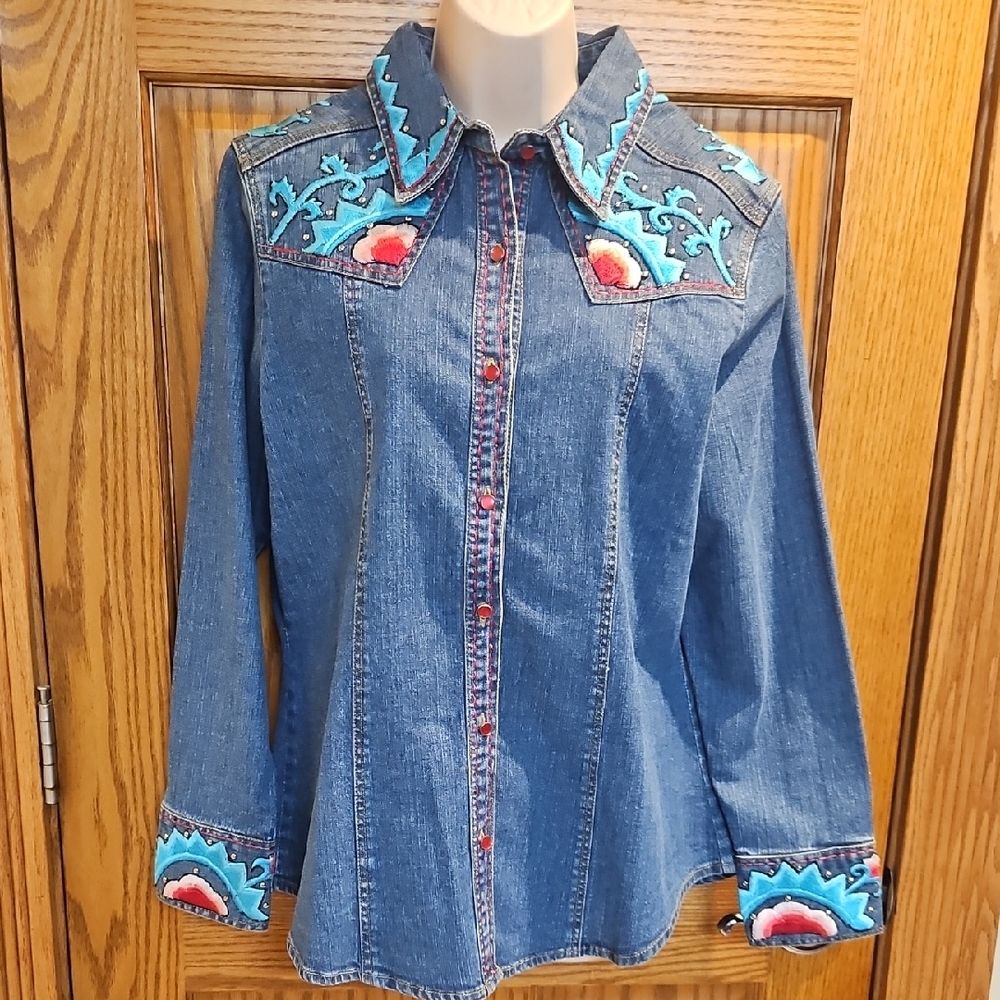 Vintage Heritage  Embroidered Denim Shirt with Colorful Accents & Pearl  Buttons